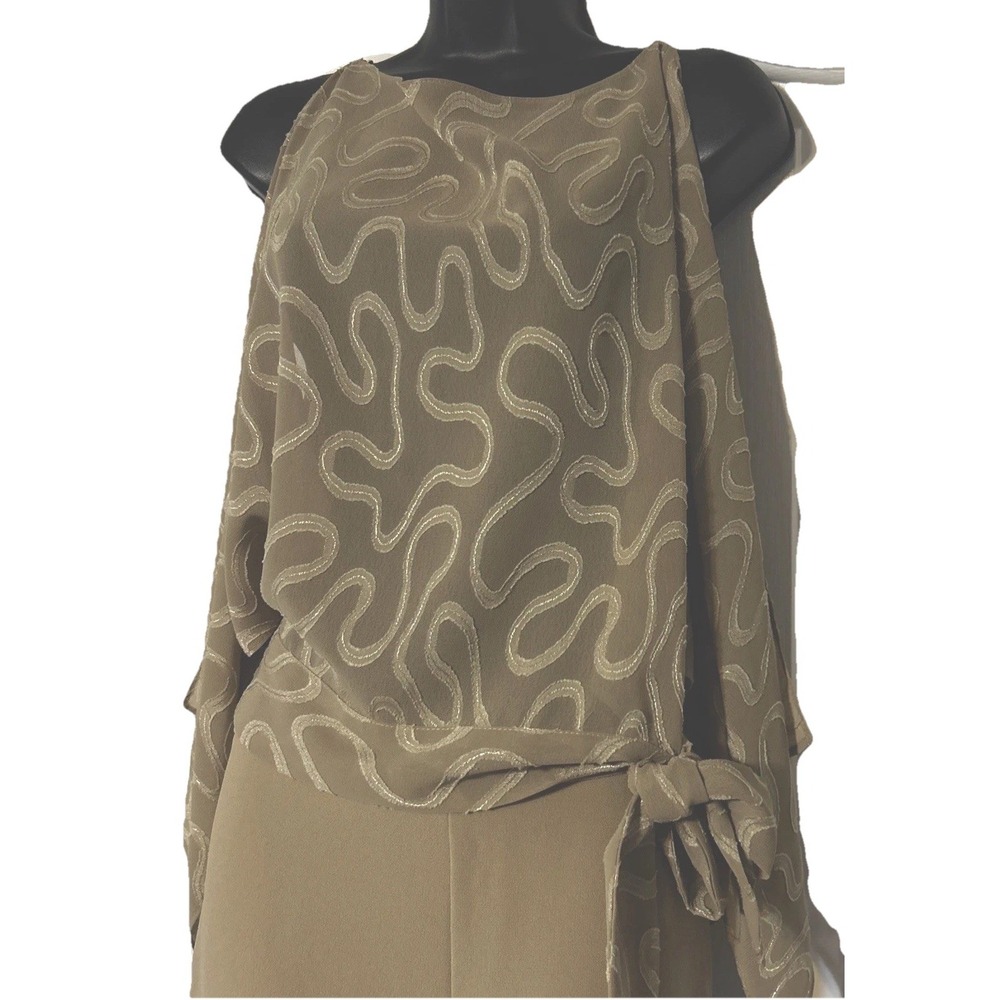 Frank Lyman Taupe Beige Cold Shoulder Embroidered Wide Leg Jumpsuit Women's 10 - Picture 2 of 9
